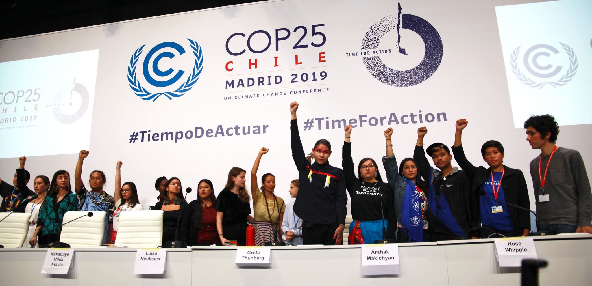 Young climate activists during a press briefing held on December 9, 2019 at the COP25 in Madrid, Spain.