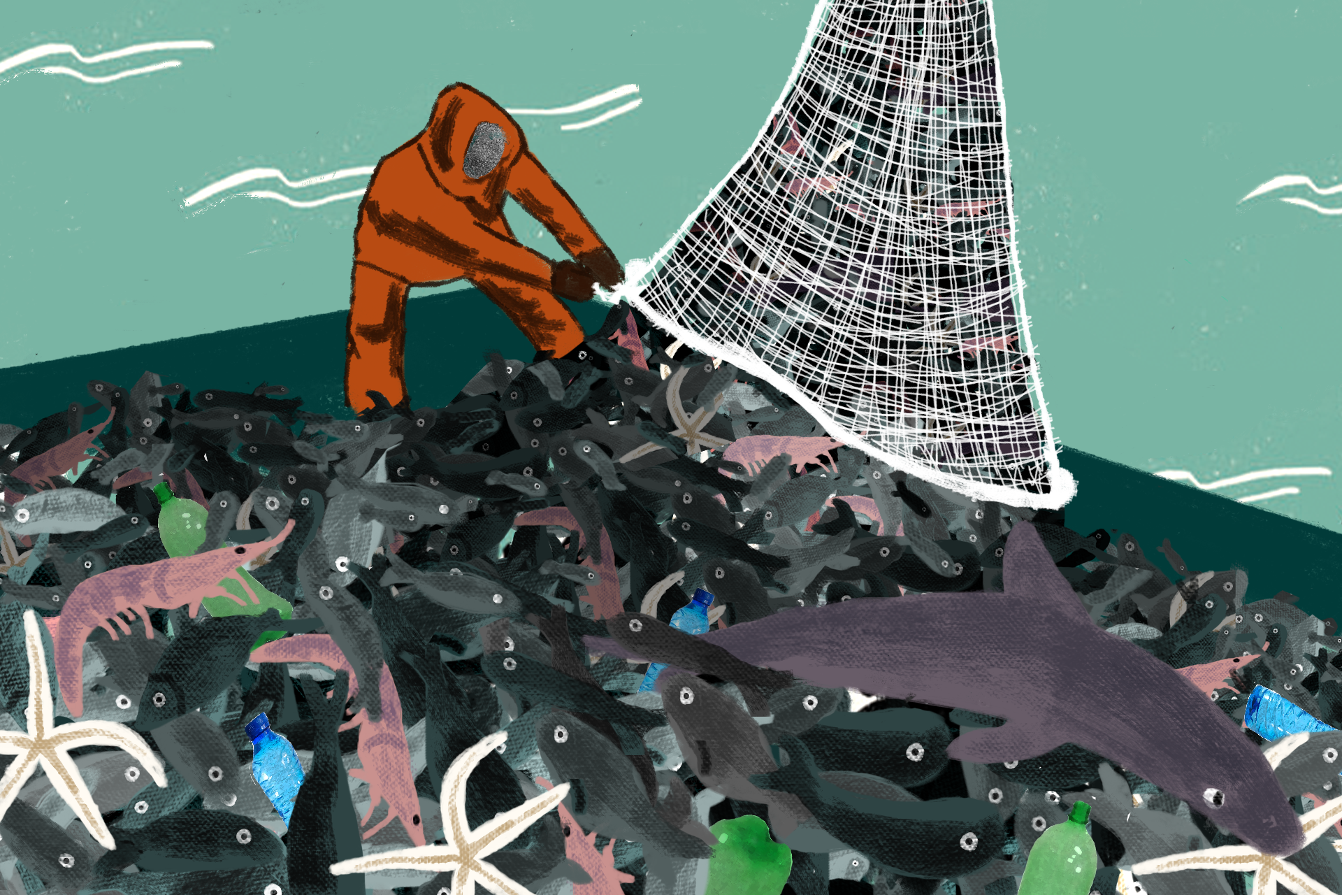An illustration of a man emptying a net full of fish. 