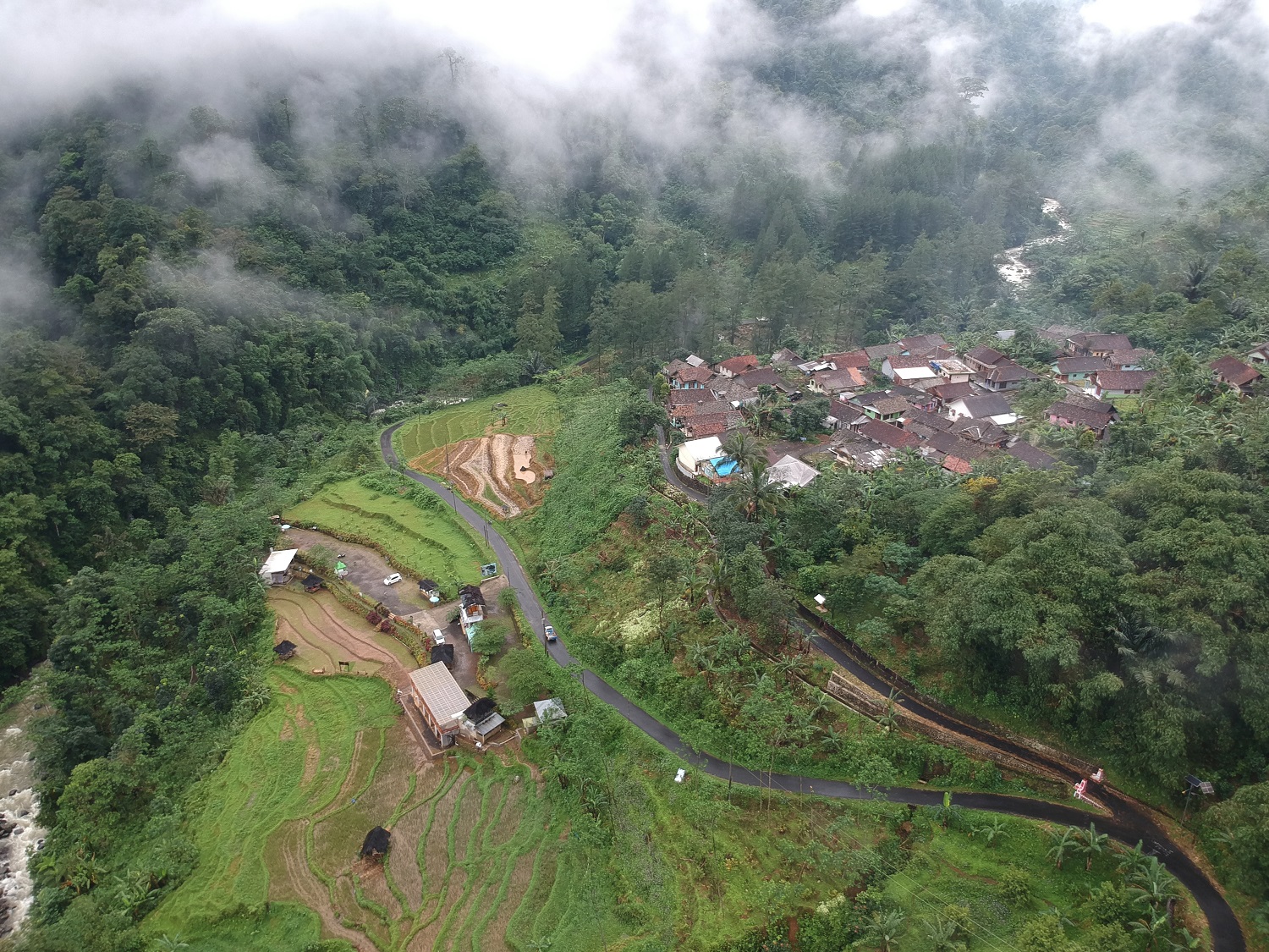 An aerial view of a forested landscape in Central Java. 