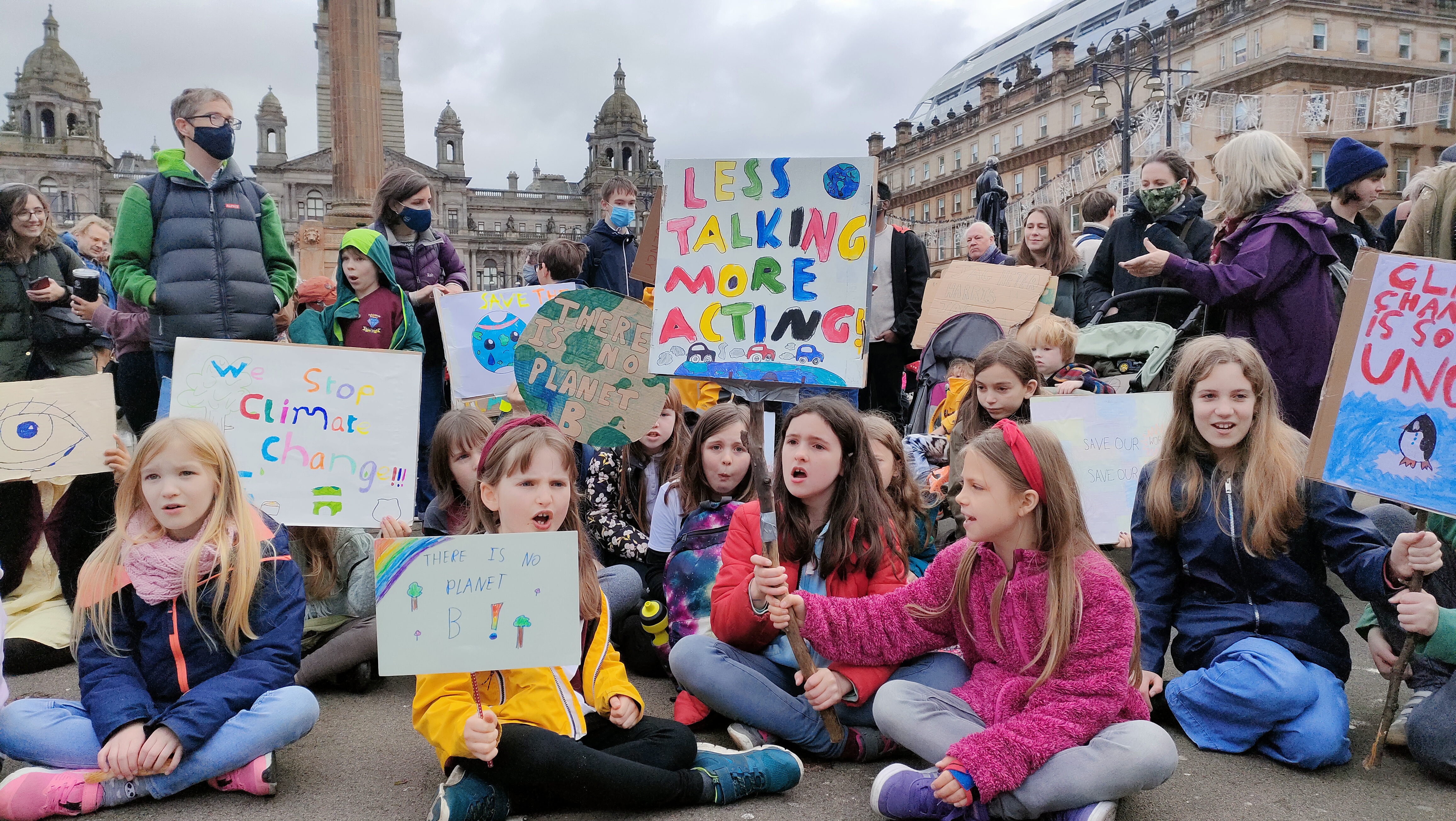 Climate activists, including hundreds of children, protest at George Square in Glasgow, demanding action on climate change from world leaders and politicians at COP26. Photo: Shamsuddin Illius