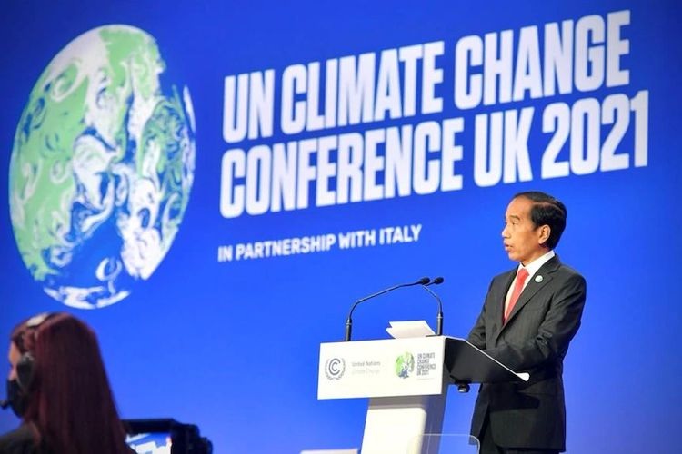 Indonesian President Joko Widodo giving speech at the World Leaders Summit in Glasgow, during the first day of COP26. 