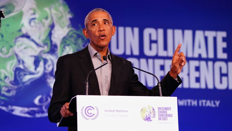 Obama giving a speech at COP26 Summit 