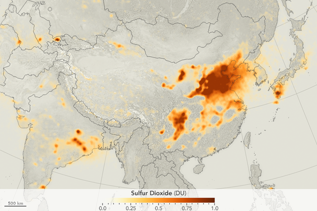 Banner image: Data on sulfur dioxide levels in China and India visualized on a map / Credit: NASA Earth Observatory via Wikimedia Commons.