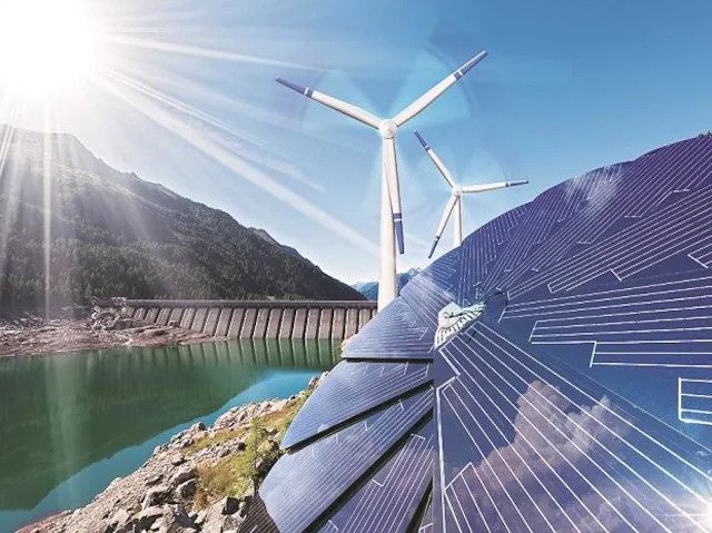 solar panels and wind turbine