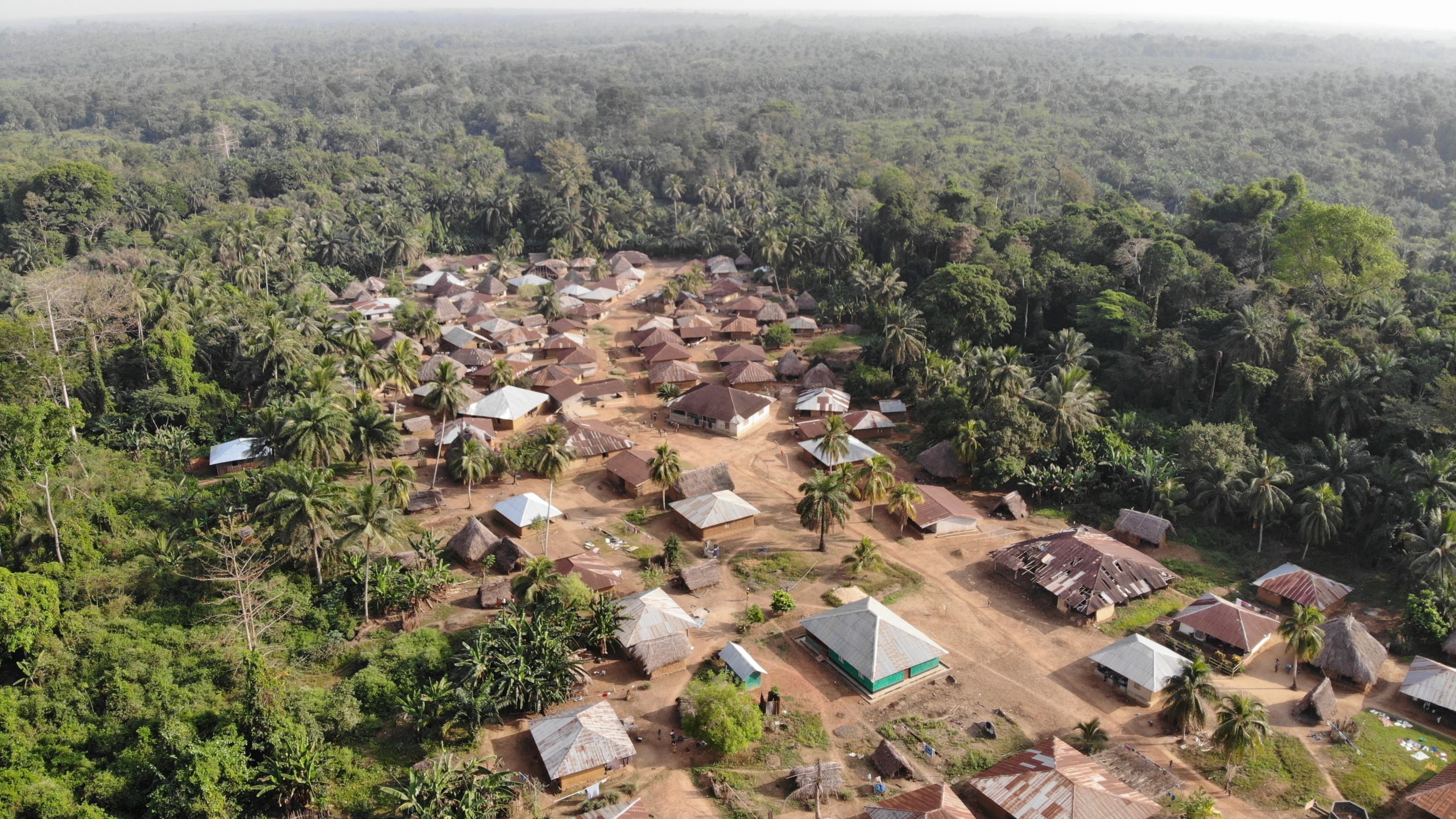 An aerial view of a village surrounded by rainforest