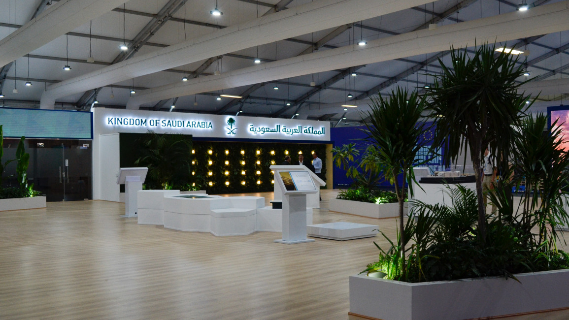 The booth of the Middle East Green Initiative at the Saudi pavilion [Lyse Mauvais]