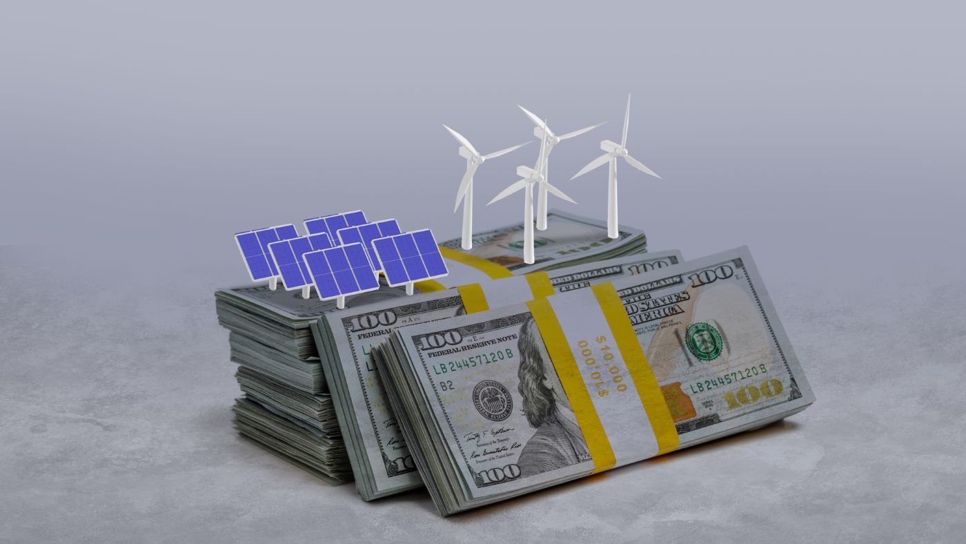 illustration of dollar notes with wind turbines on them