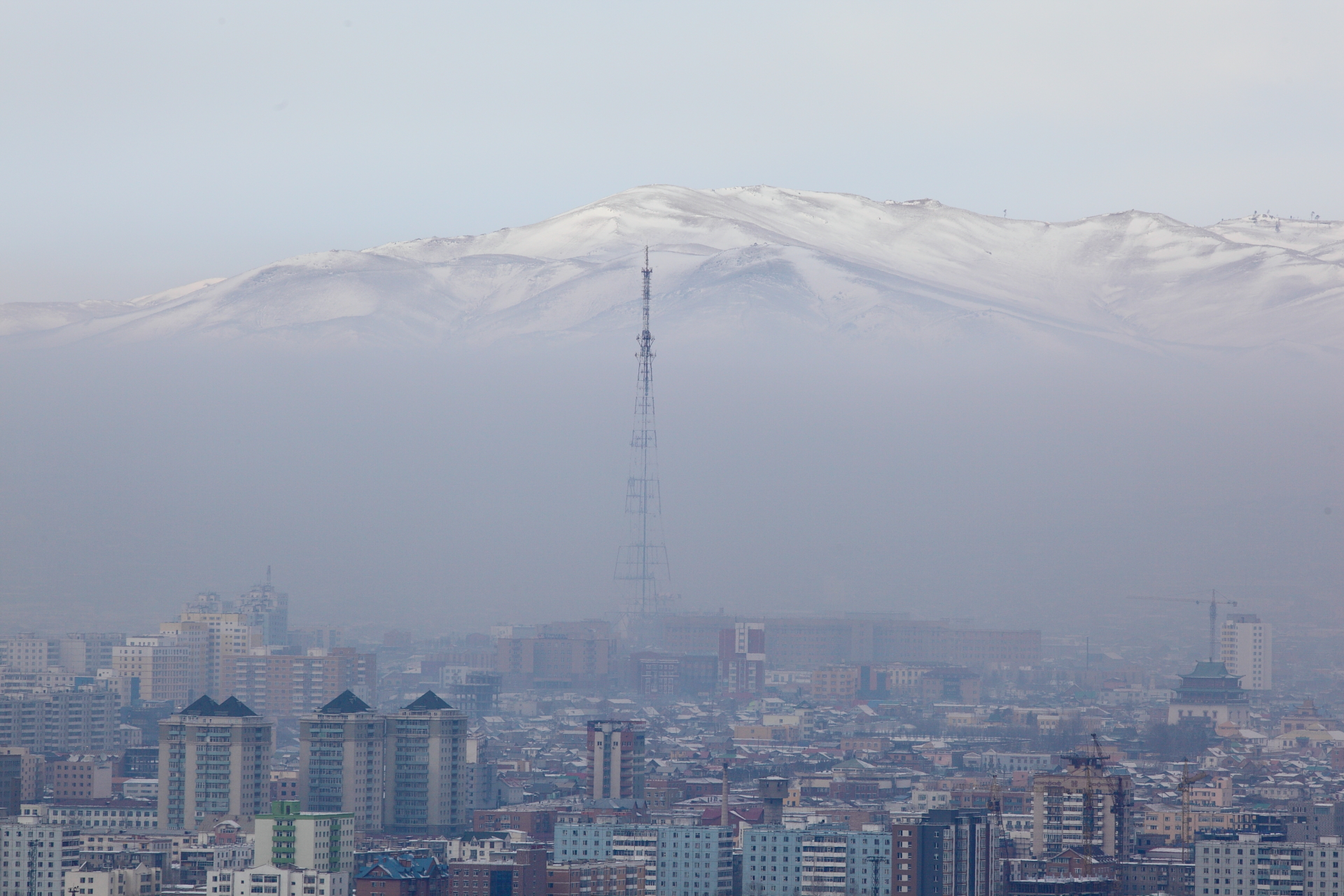 smog filled skyline of Ulaan Baatar