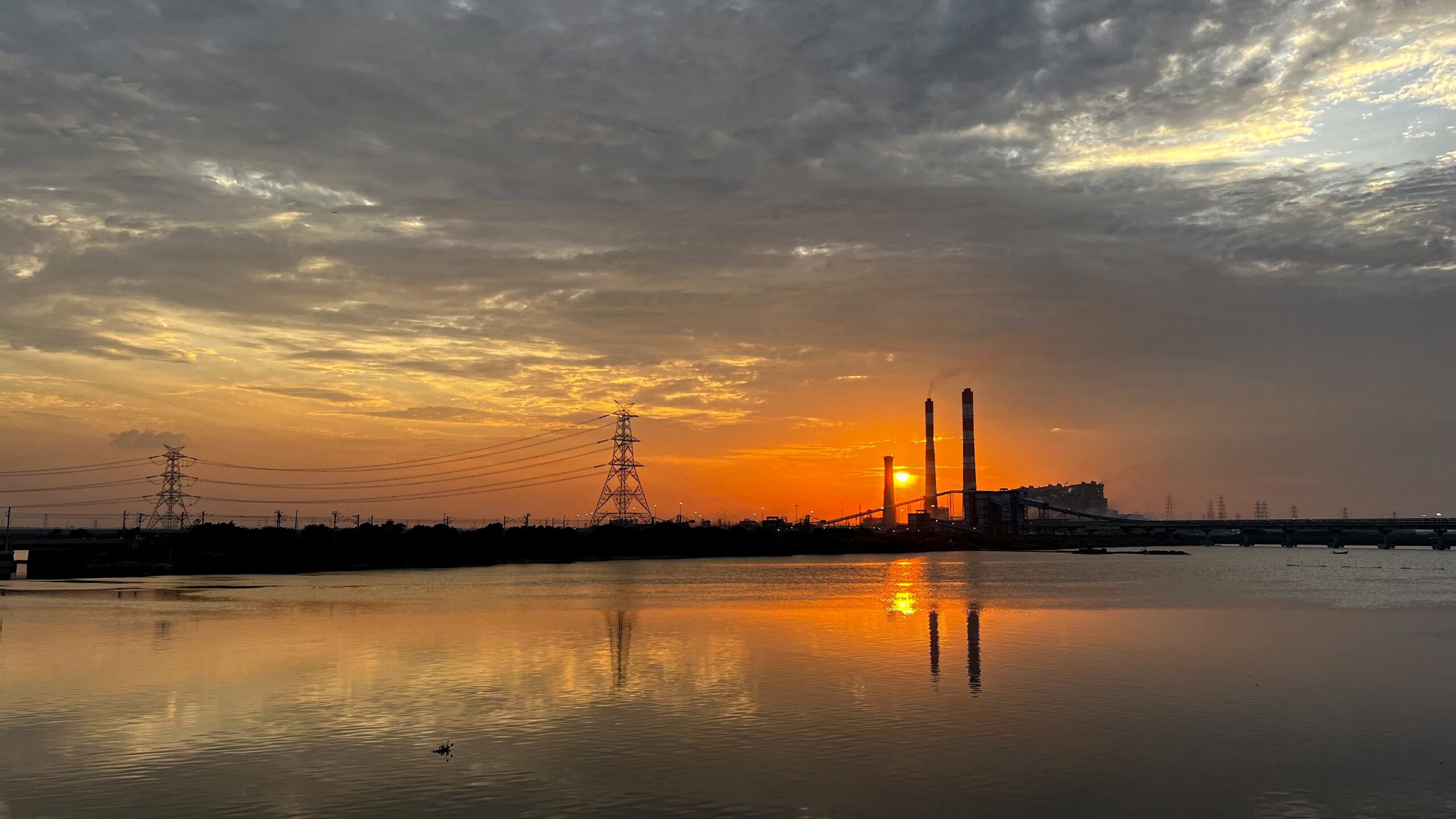 Sunset seen in power station area