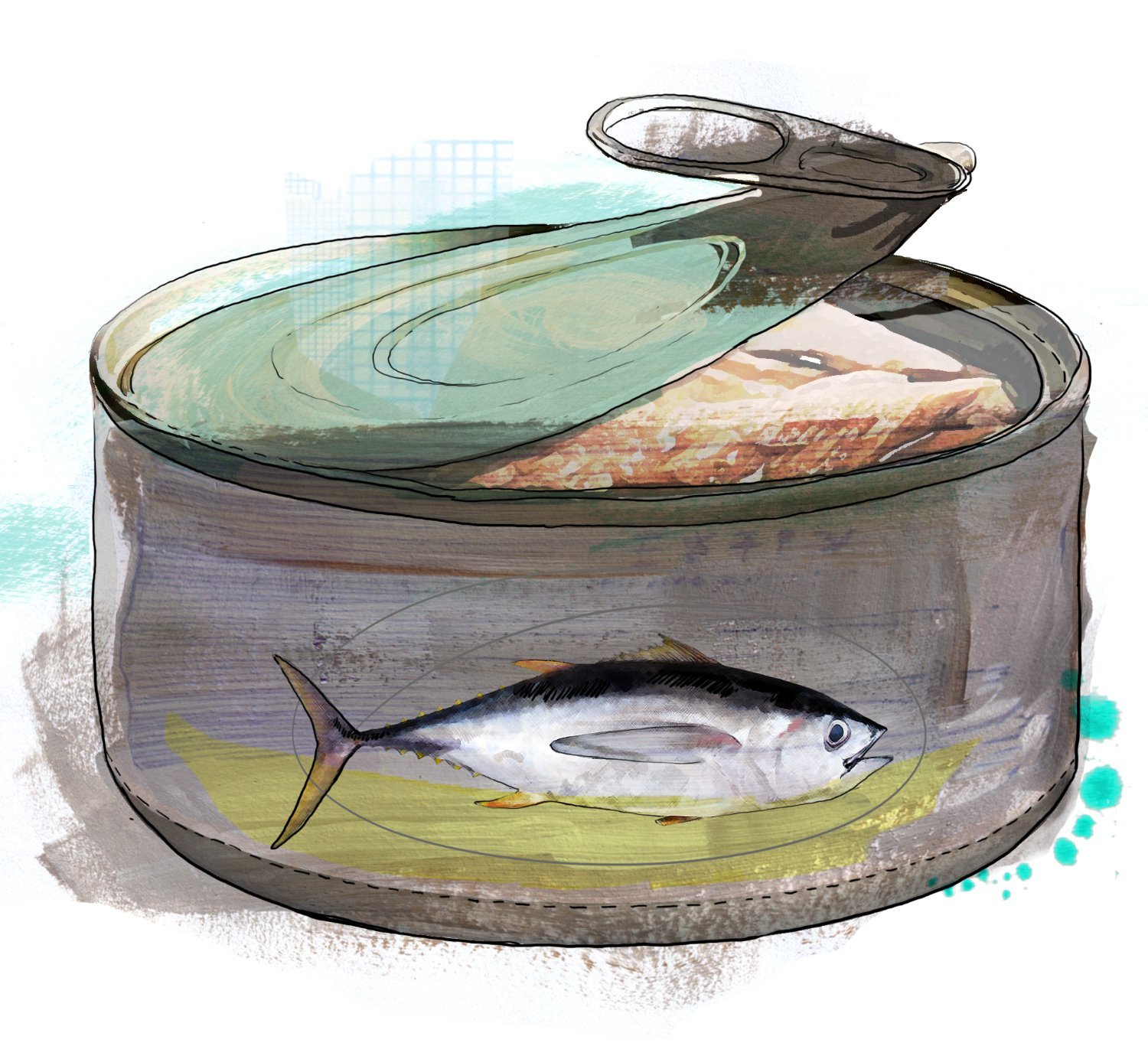 an illustration depicting a tuna can that has been partially pulled open