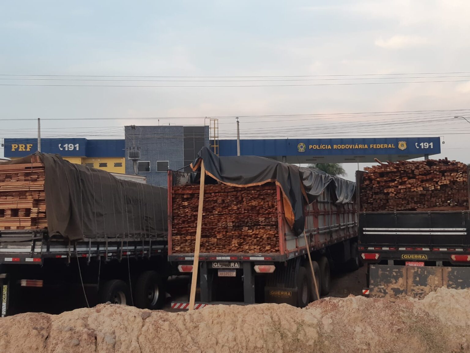 trucks carrying wood