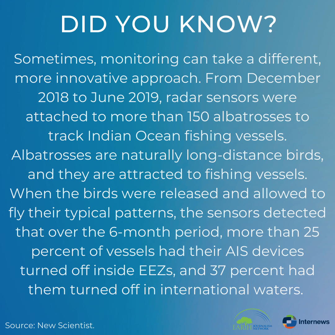 Sometimes, monitoring can take a different, more innovative approach. From December 2018 to June 2019, radar sensors were attached to more than 150 albatrosses to track Indian Ocean fishing vessels. Albatrosses are naturally long-distance birds, and they are attracted to fishing vessels. When the birds were released and allowed to fly their typical patterns, the sensors detected that over the 6-month period, more than 25 percent of vessels had their AIS devices turned off inside EEZs, and 37 percent had them turned off in international waters.