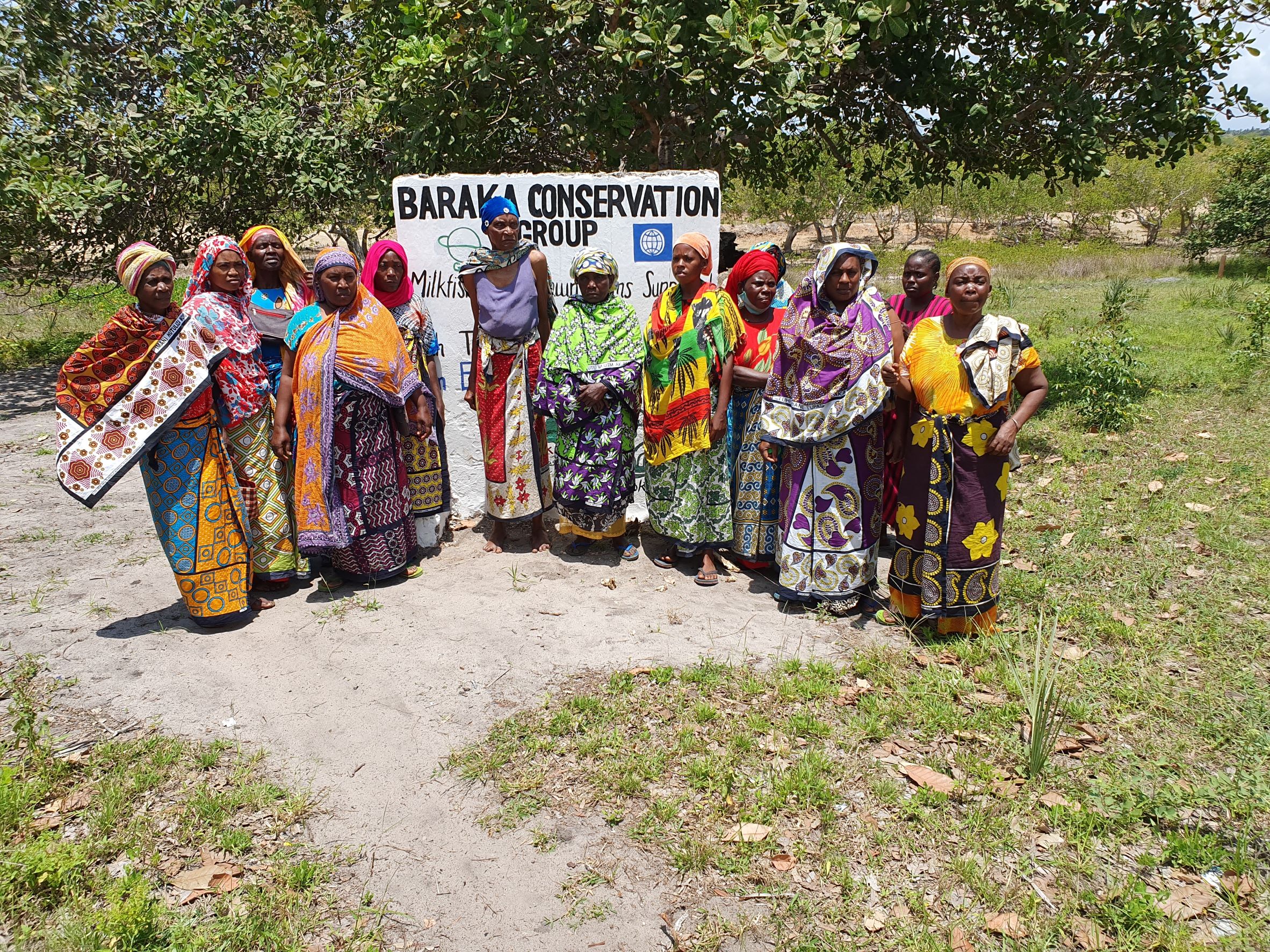 a group of 12 women in traditional Kenyan clothing (colorful dresses and skirts with headcoverings) stand in a grassy field in front of a sign that says "Baraka Conservation Group"
