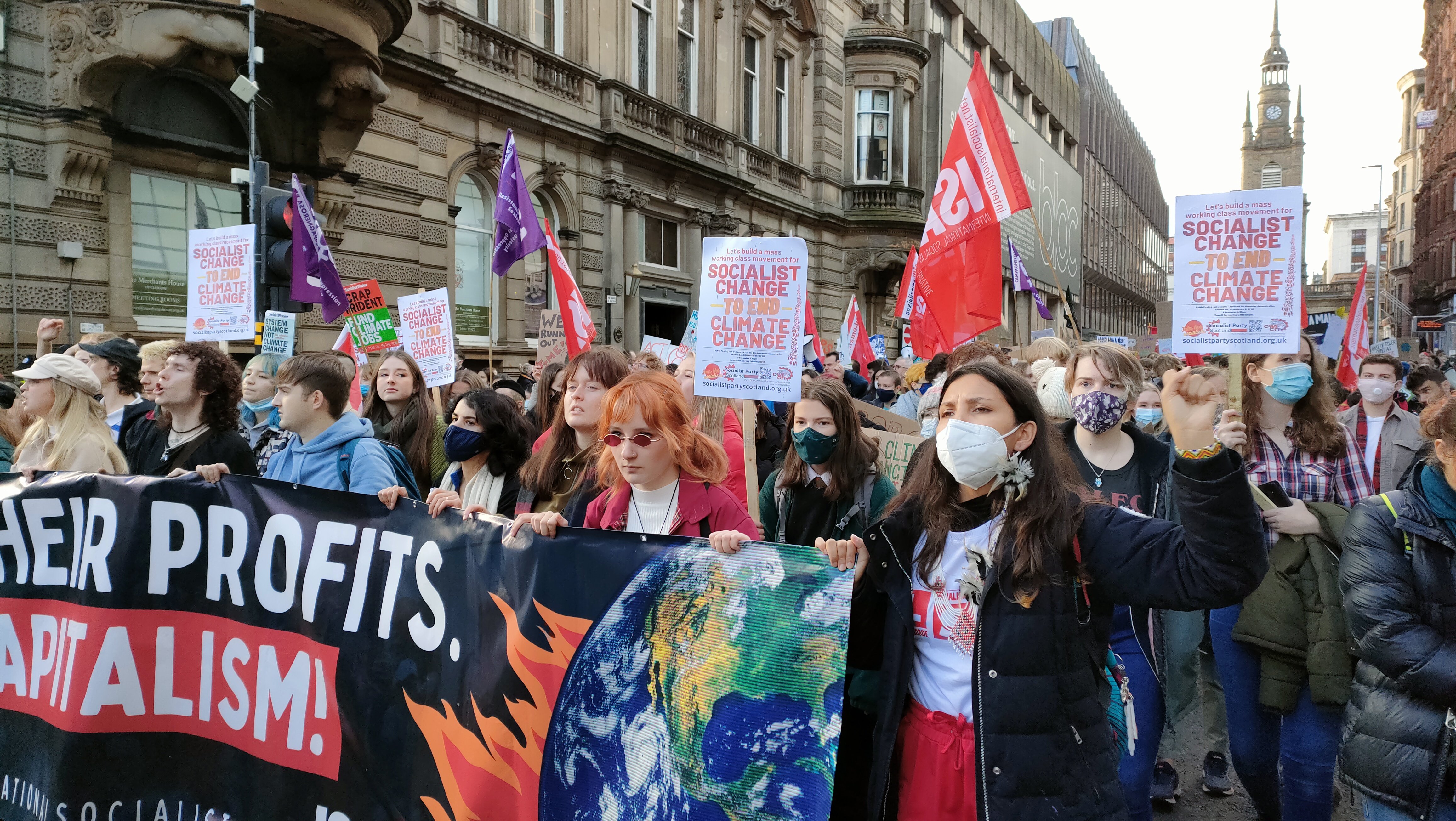 Climate activists, including hundreds of children, protest at George Square in Glasgow, demanding action on climate change from world leaders and politicians at COP26. Photo: Shamsuddin Illius 