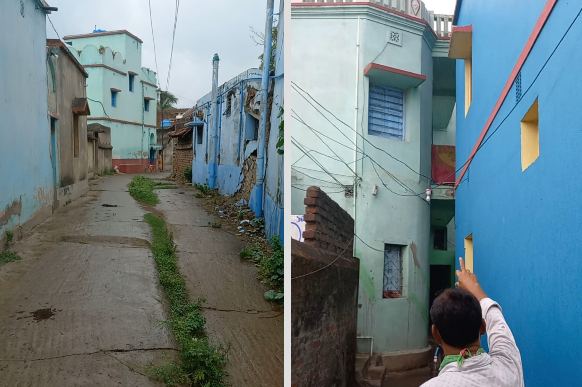 On the left, a photo of a road bearing cracks, as blue houses crumble on both sides. On the right, a photo of a man pointing towards two blue houses.