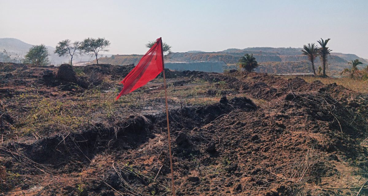 A red flag is installed in the middle of a barren field