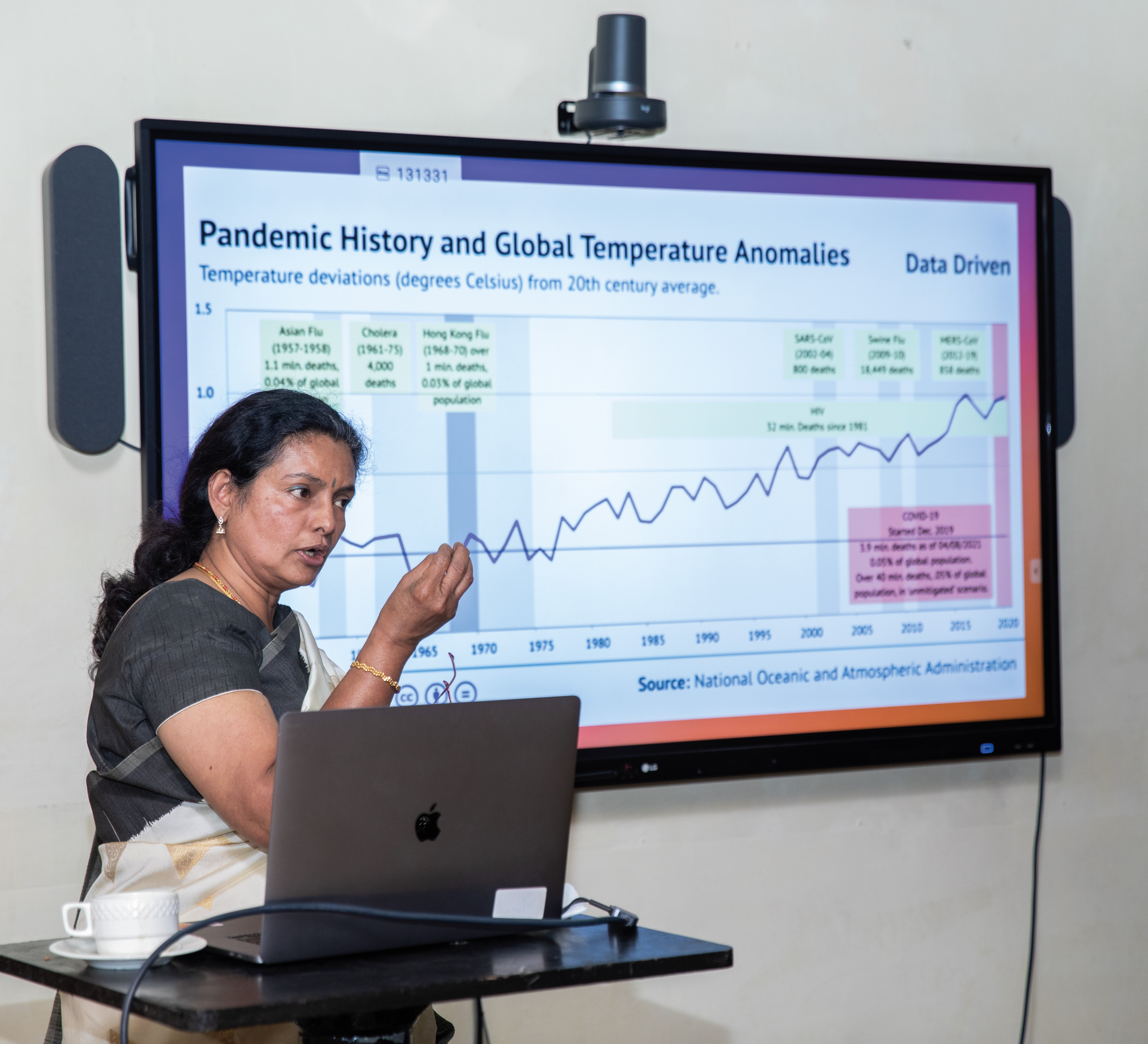A woman gives a lecture with presentation in background.