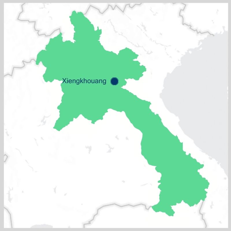 Map of Laos in green with a dot indicating location of Xiengkhouang