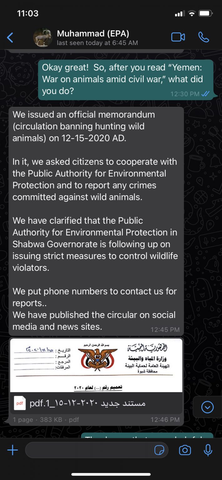 Screenshot between Director General of Public Authority for Environmental Protection in Shabwa Governorate, Muhammad Mujawar and EJN. Credit: Jenae Barnes