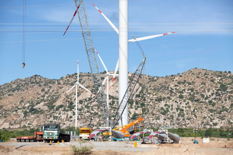 A wind turbine being constructed