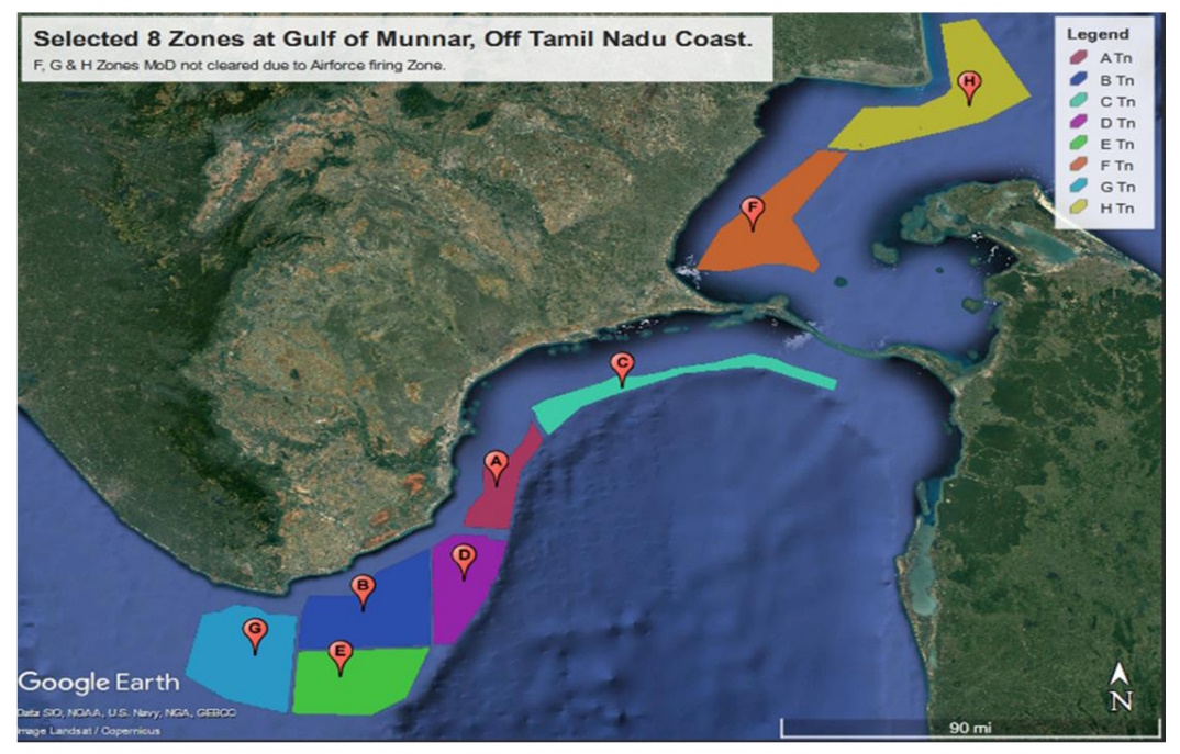 Demarcated offshore wind energy zones at Tamil Nadu / Credit: Google Earth / Madhyamam.