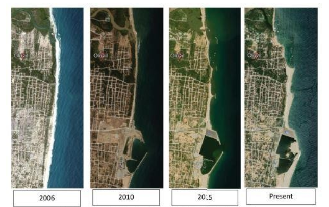 Google Earth images of the changing sea levels around the port