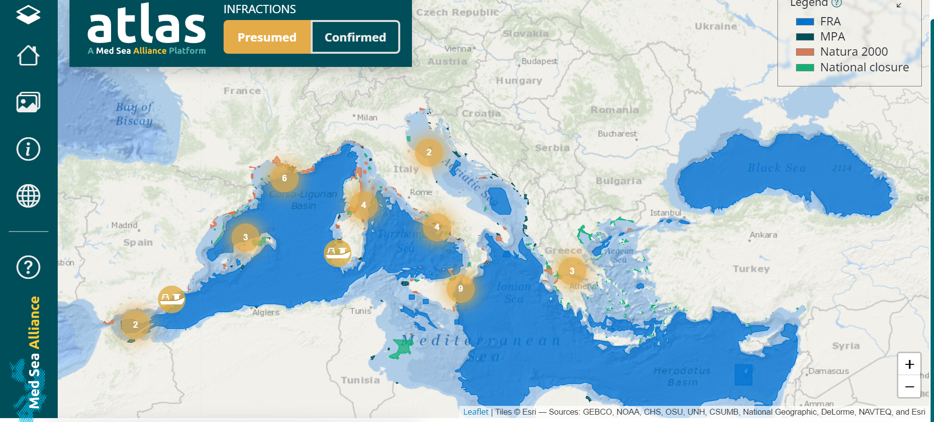Map of the mediterranean with boat infractions