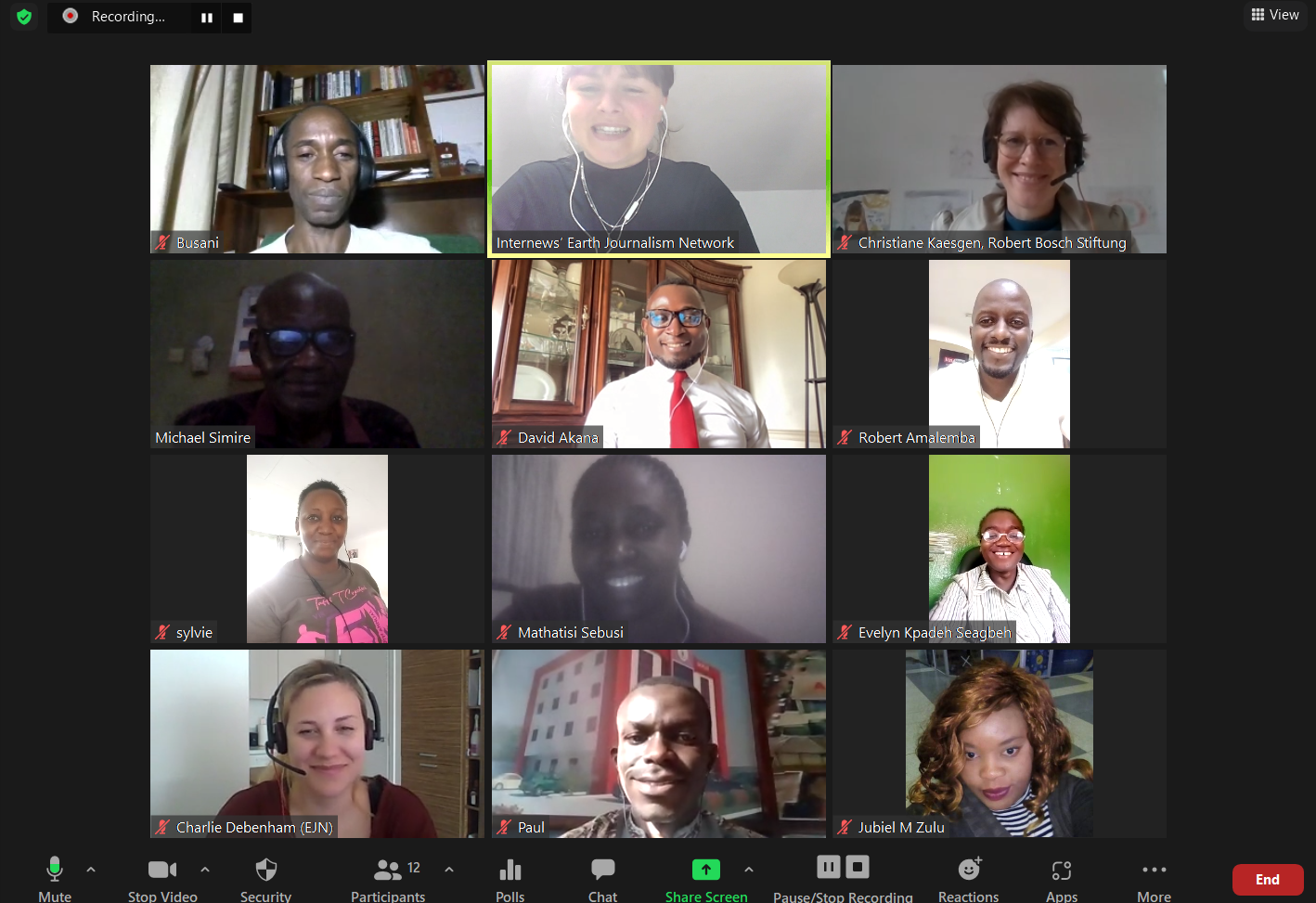 Screenshot from pre-COP workshop: EJN staff, trainers and most of the fellows at a pre-COP workshop in May / Credit: Anna Self.  