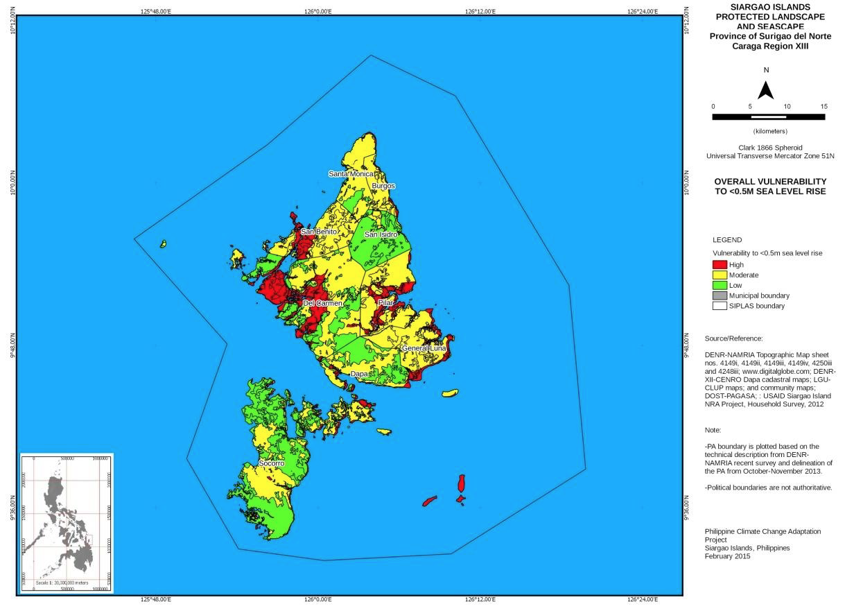 A map displaying Siargo Islands' vulnerability to sea level rise