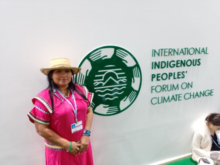 Panamanian indigenous activist Yanel Venado Giménez poses for a photo at the stand that indigenous peoples from around the world share at COP27, at the Sharm el-Sheikh Convention Center in Egypt. She leads a fund to help indigenous women, one of the few that receive direct financing for Latin American indigenous peoples. CREDIT: Daniel Gutman/IPS