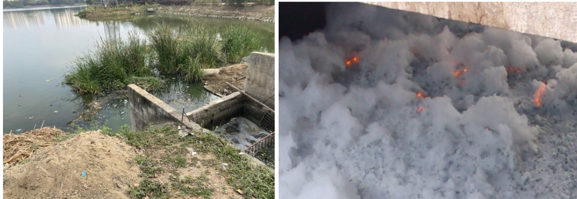 Pic 1: Sewage flowing directly into Haralur Lake: Credit Aashay Sachdeva  Pic 2: Bellandur lake catches fire often (old photo): Credit Internet