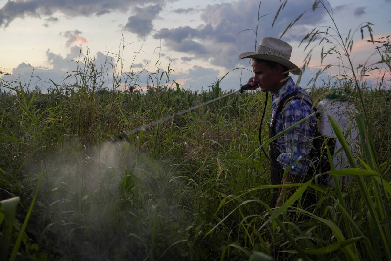 a farmer spraying pesticide