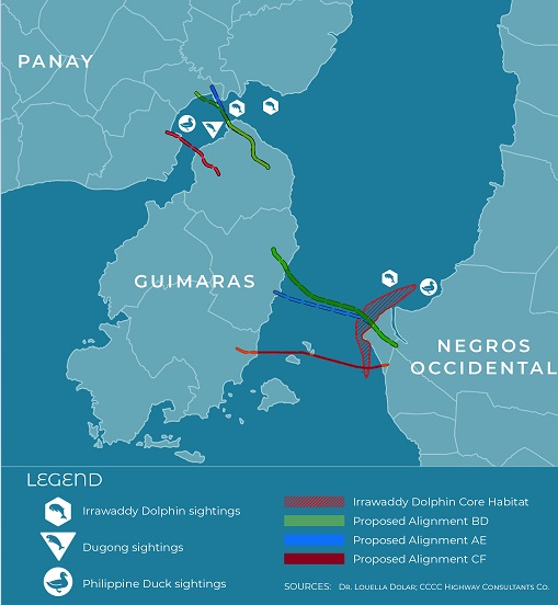A map showing how proposed routes of the Panay-Guimaras-Negros bridges intersect habitat of Irrawaddy dolphins