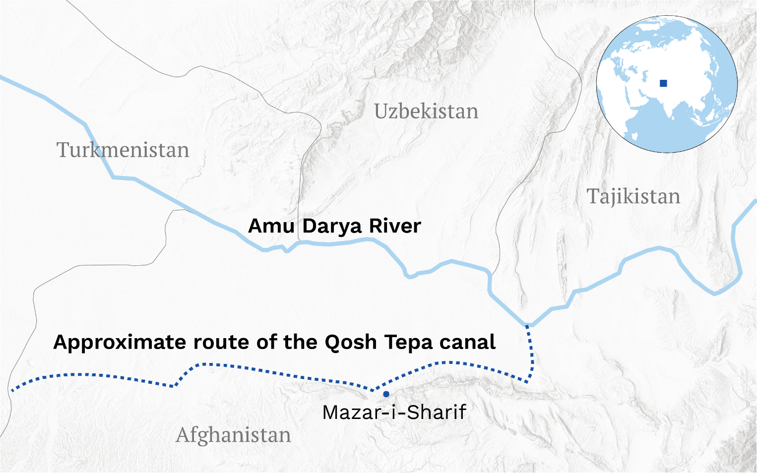 A map of the planned route of the Qosh Tepa Canal.