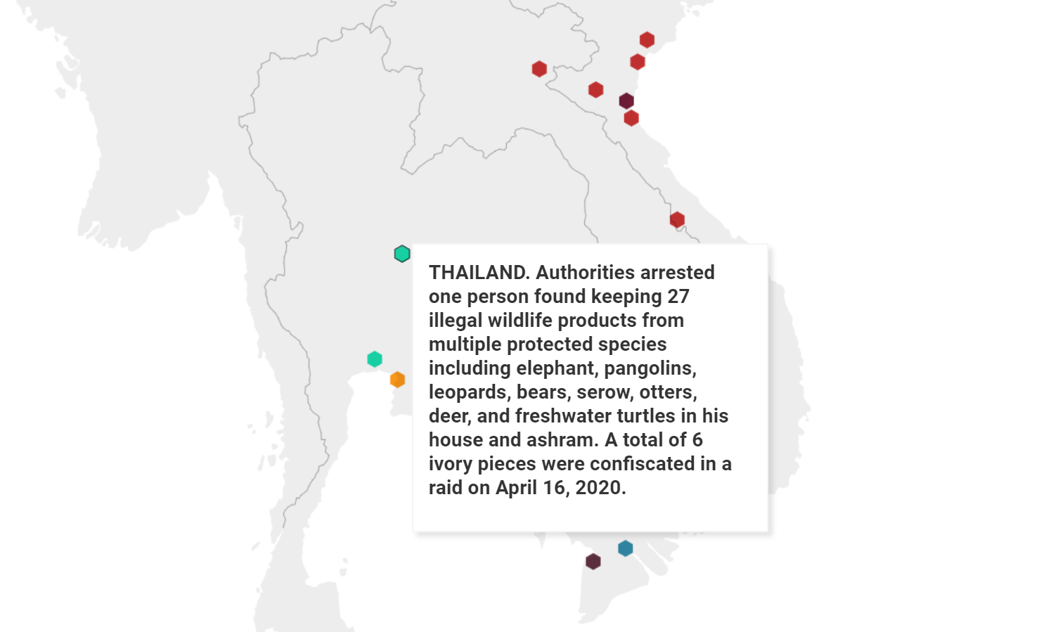 A map of locations of illegal wildlife trade seizures in Southeast Asia in 2020.