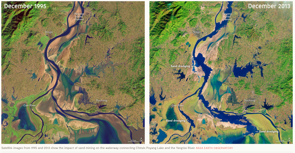 Satelite images show the impact of sand mining on the waterway connecting China's Poyang Lake and the Yangtze River