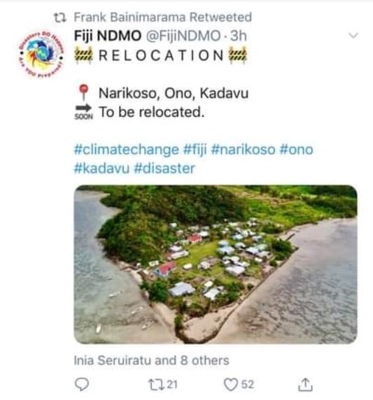 An image of a tweet posted by Fiji’s National Disaster Management Office that was retweeted by Prime Minister Frank Bainimarama