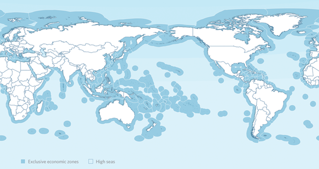 a map of the world demonstrating that the majority of the ocean is high seas, not territorial waters