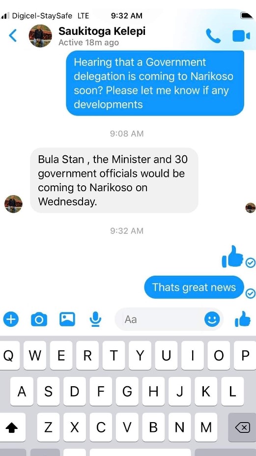 A screenshot of texts between Saukitoga and Simpson alerting him when government officials began visiting again.