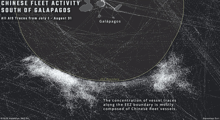 A composite data image showing all AIS vessel traces and the intensity of the activity as the fleet swarmed along the southern edge of the EEZ boundary of the Galapagos Islands / Credit: HawkEye 360, via Mongabay.