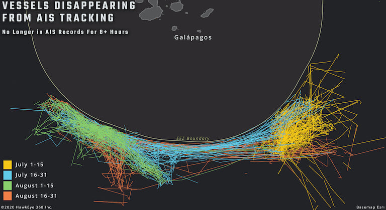 An illustration of vessels that disappeared from AIS tracking over a period of 8+ hours, demonstrating the difficulties of maintaining awareness when there are many gaps in the records / Credit: HawkEye 360, via Mongabay.