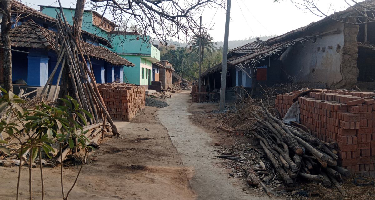 village houses on either side of small street with piles of chopped logs 