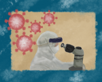 illustration of person in white lab coat with germs
