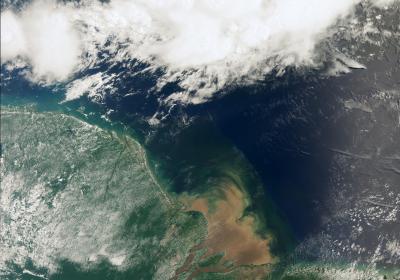 A plume of sediment from the mighty Amazon disgorged into the Atlantic Ocean.