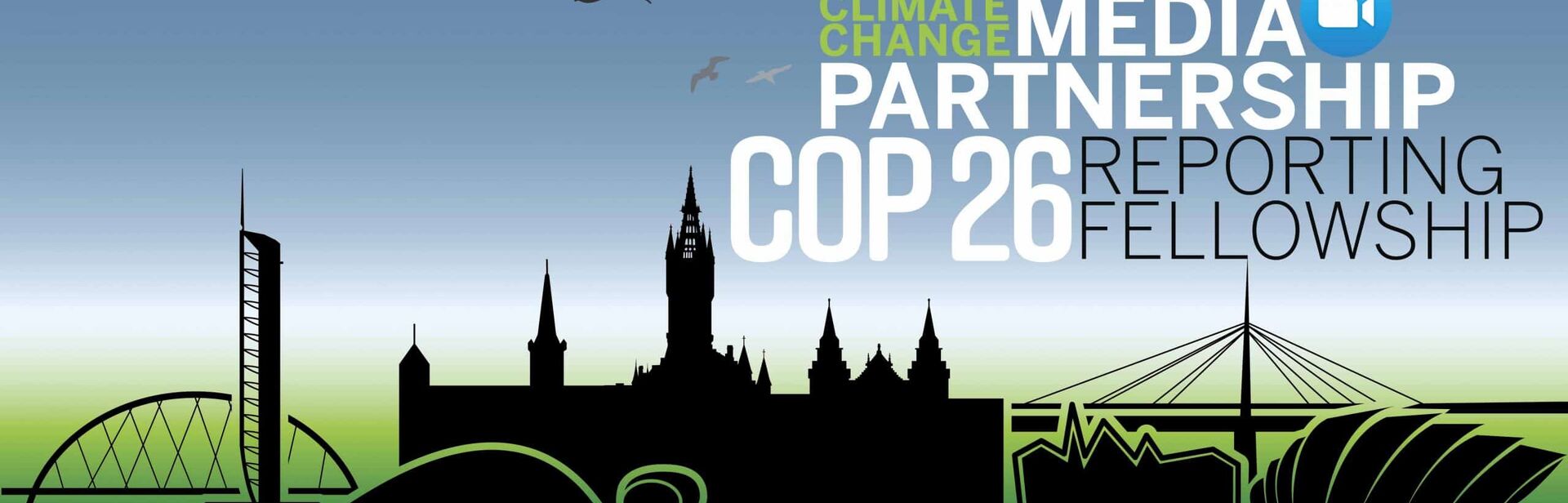 Banner illustration of global landmarks announcing CCMP COP26 reporting fellowship