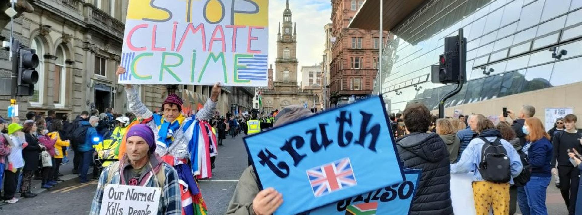 Climate activists George Square in Glasgow demanding action in climate change from world leaders and politicians at COP26. Photo: Shamsuddin Illius 