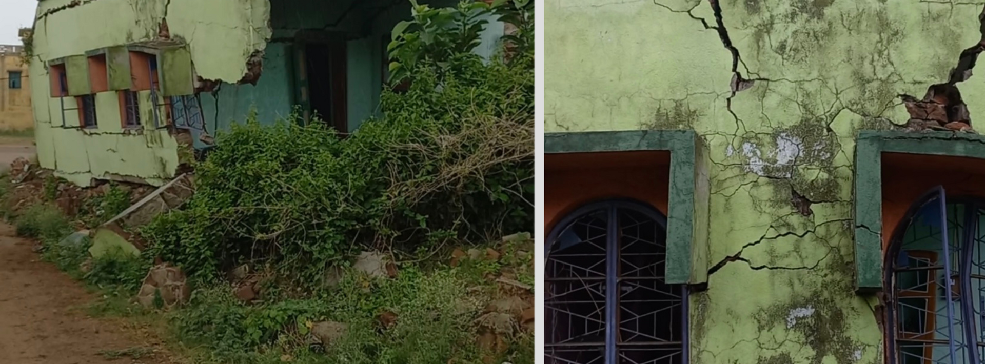 A longshot (left) and a close-up (right) of a broken green house which bears severe cracks in the walls.