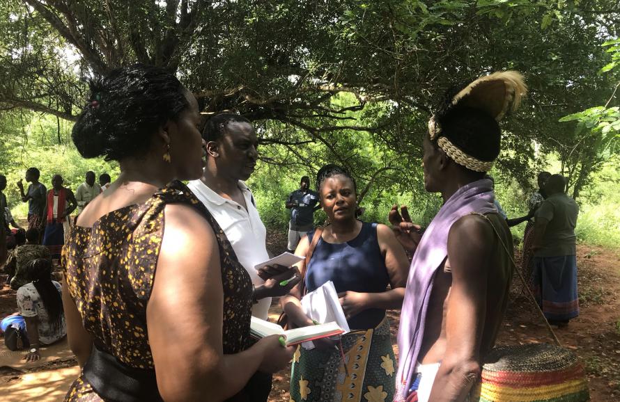Participants interview an Indigenous elder at the East Africa workshop held in Mombasa in 2019.