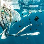 plastic pollution at the surface of the sea viewed from underwater