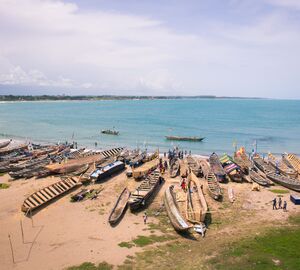 fishing boats on the coast in Cape Coast, Ghana